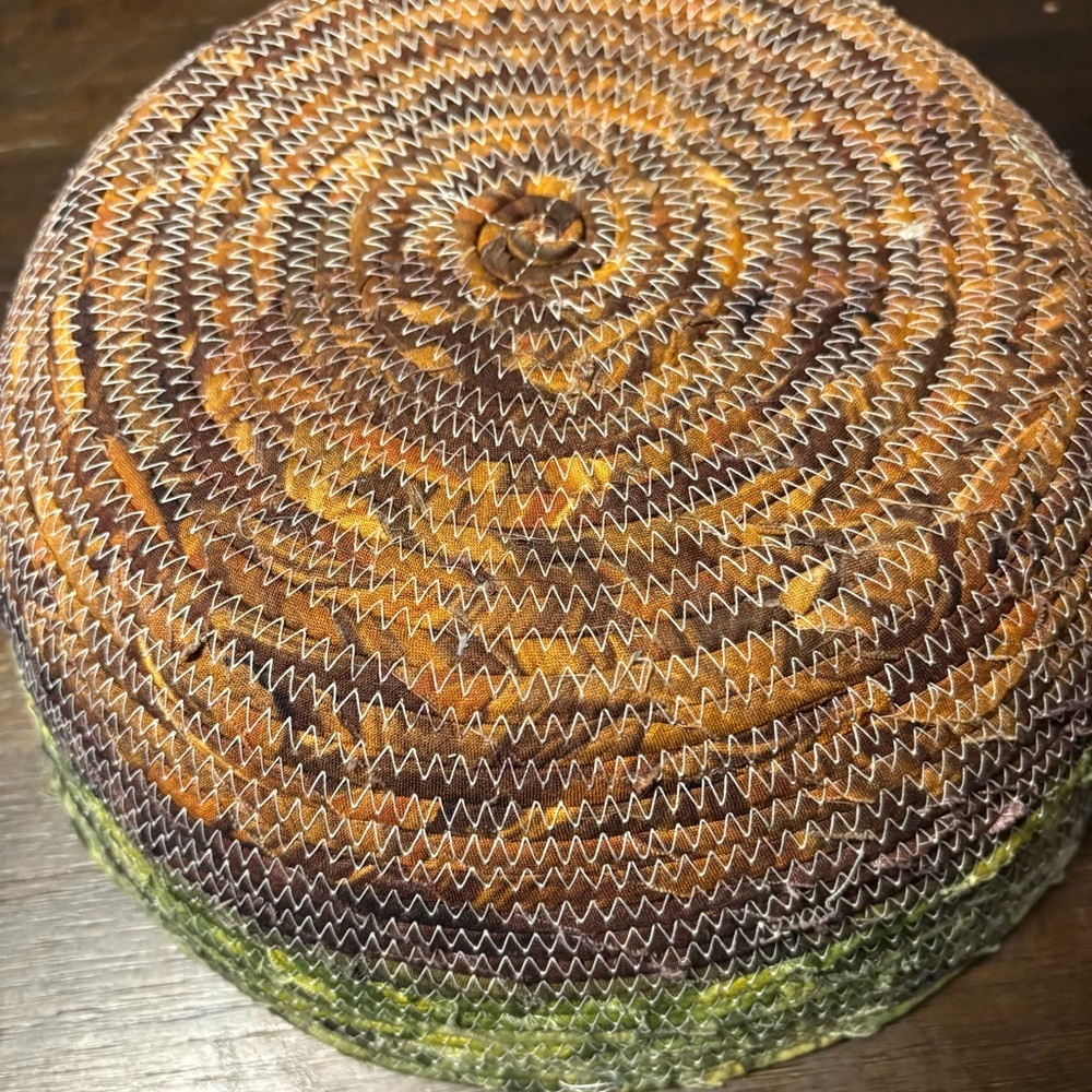 Fabric Wrapped Rope Basket Green And Brown 10” Handmade Earthy Boho Storage Tray - Picture 8 of 9